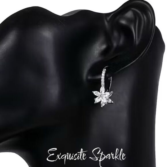 🌸18k White Gold Filled  Lilly Stargazer zircon C Hoop Earrings - Picture 12 of 17